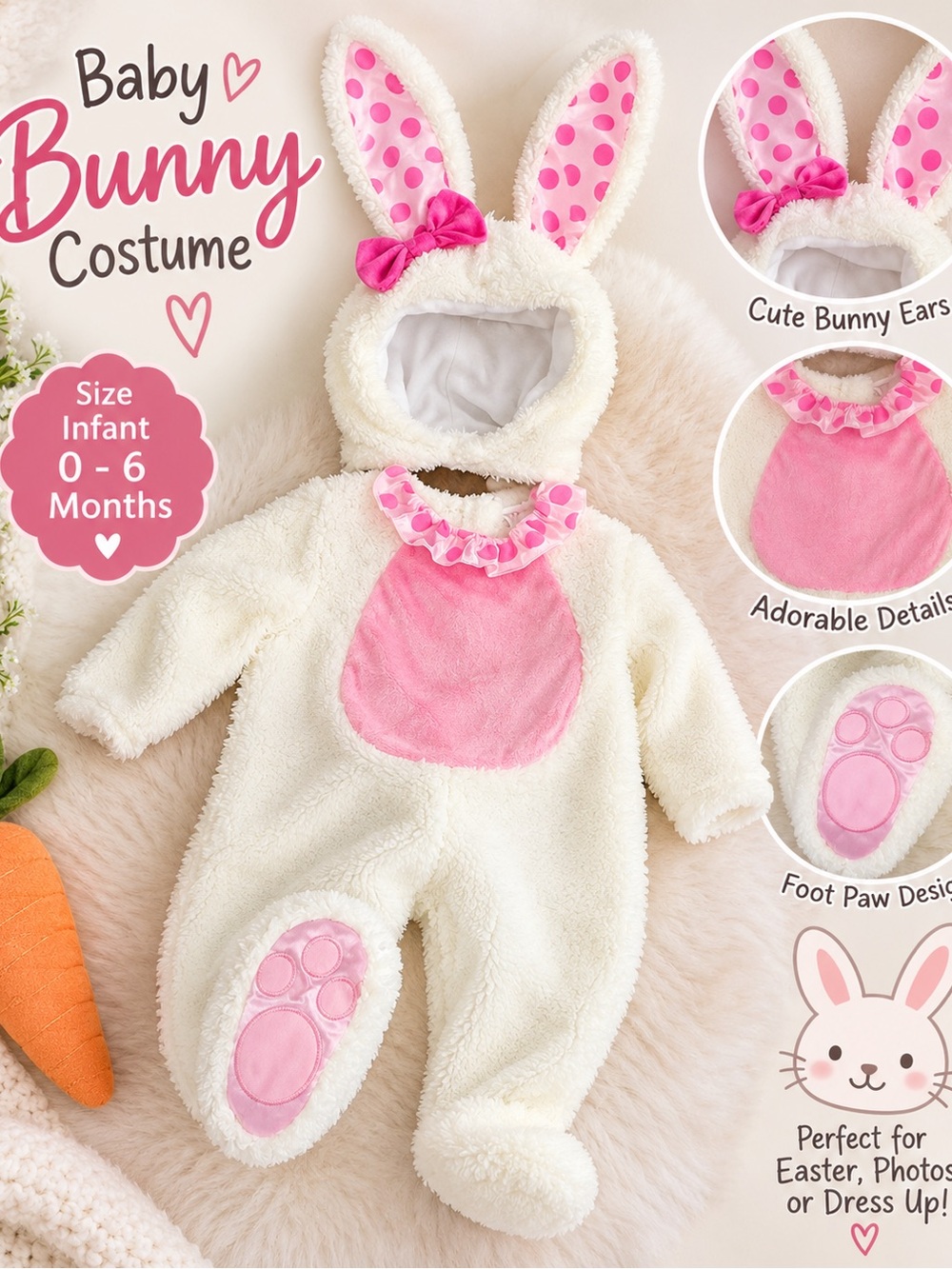 Infant Bunny Costume - Cream and Pink Plush Romper